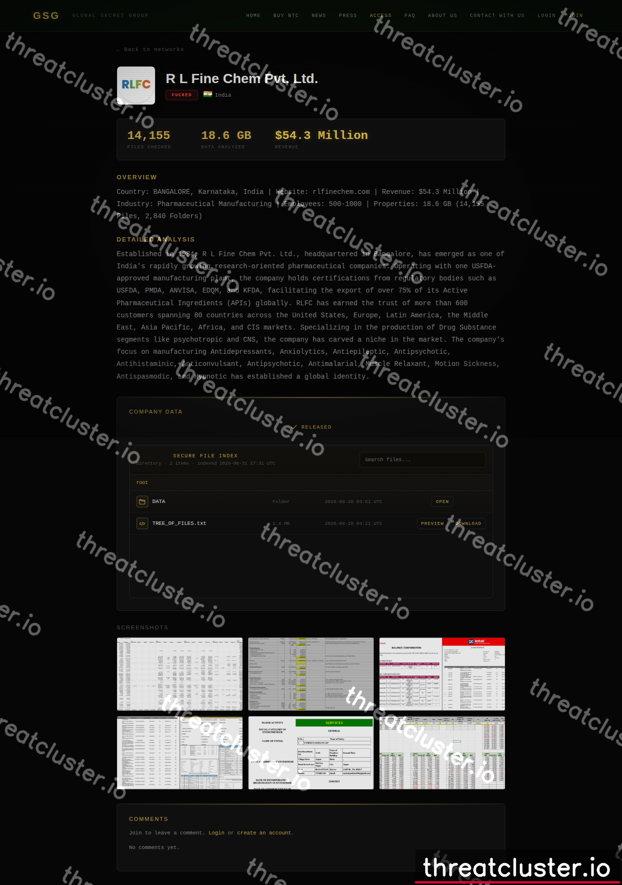 Leak-site post naming R L Fine Chem Pvt. Ltd., captured by ThreatCluster