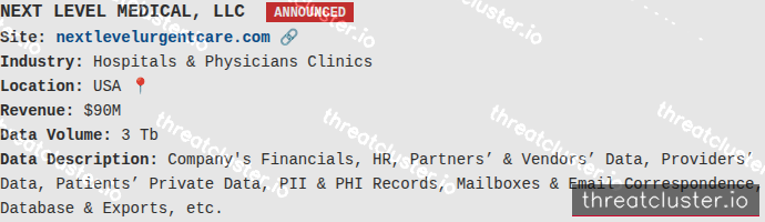 Leak-site post naming NEXT LEVEL MEDICAL, LLC, captured by ThreatCluster