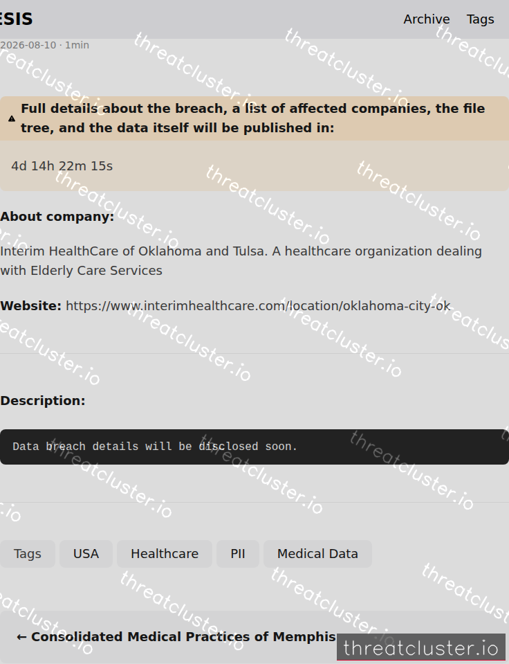 Leak-site post naming Interim HealthCare, captured by ThreatCluster