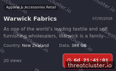 Leak-site post naming Warwick Fabrics, captured by ThreatCluster