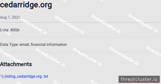 Leak-site post naming cedarridge.org, captured by ThreatCluster