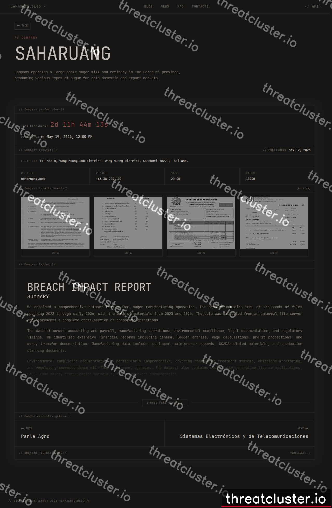 Leak-site post naming Saharuang, captured by ThreatCluster