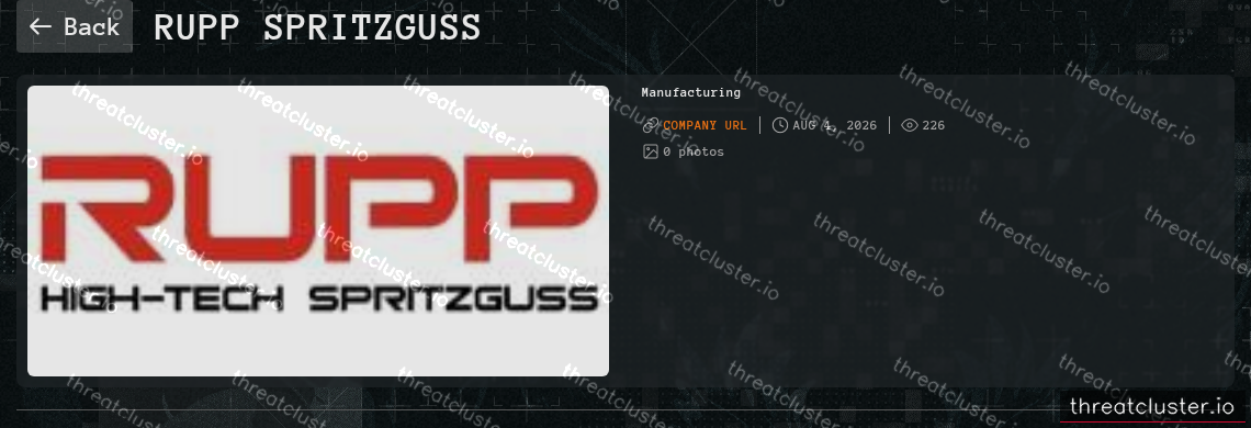 Leak-site post naming RUPP Spritzguss, captured by ThreatCluster