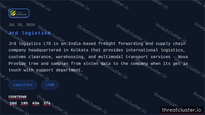 Leak-site post naming Jrd logistics, captured by ThreatCluster