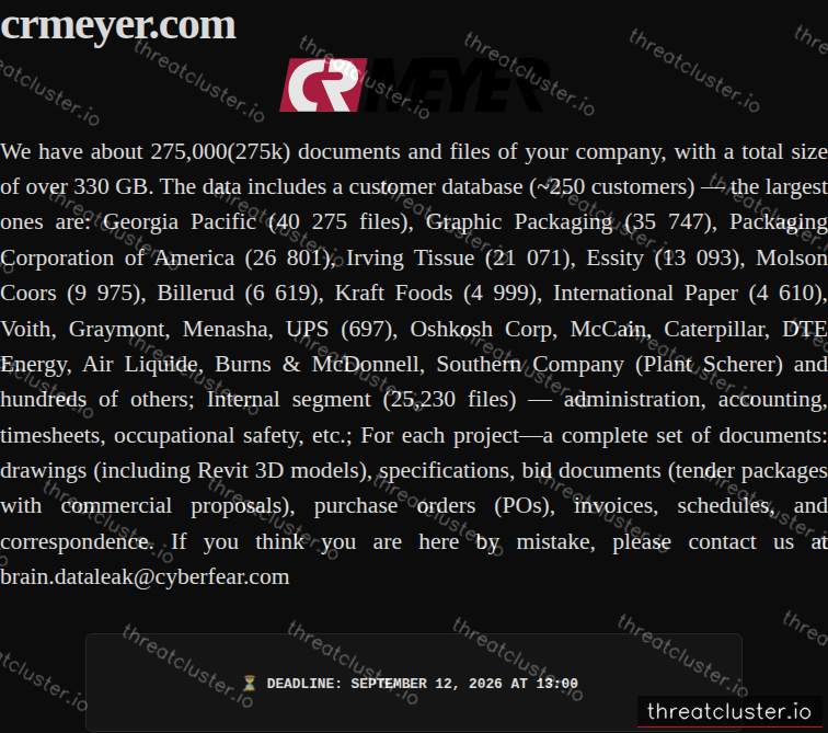 Leak-site post naming crmeyer.com, captured by ThreatCluster