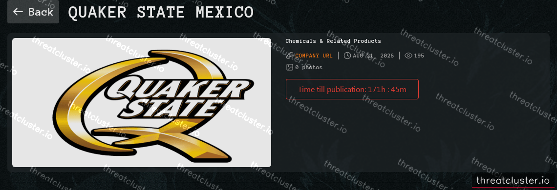Leak-site post naming Quaker State Mexico, captured by ThreatCluster