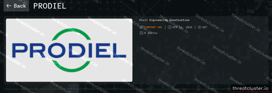 Leak-site post naming Prodiel, captured by ThreatCluster