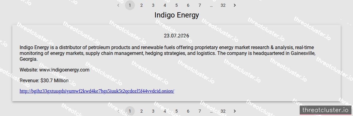 Leak-site post naming Indigo Energy, captured by ThreatCluster