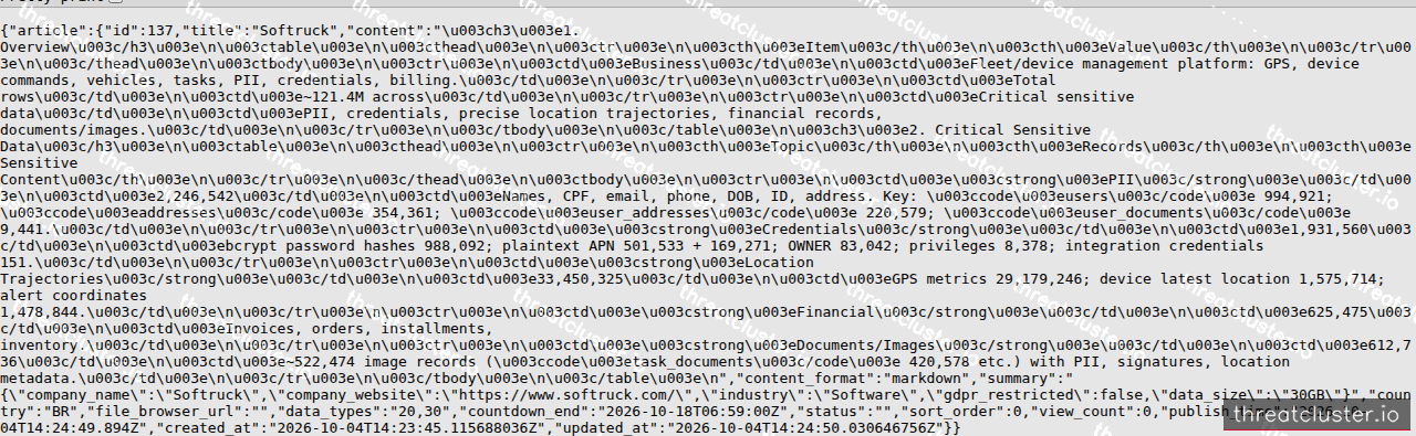 Leak-site post naming Softruck, captured by ThreatCluster