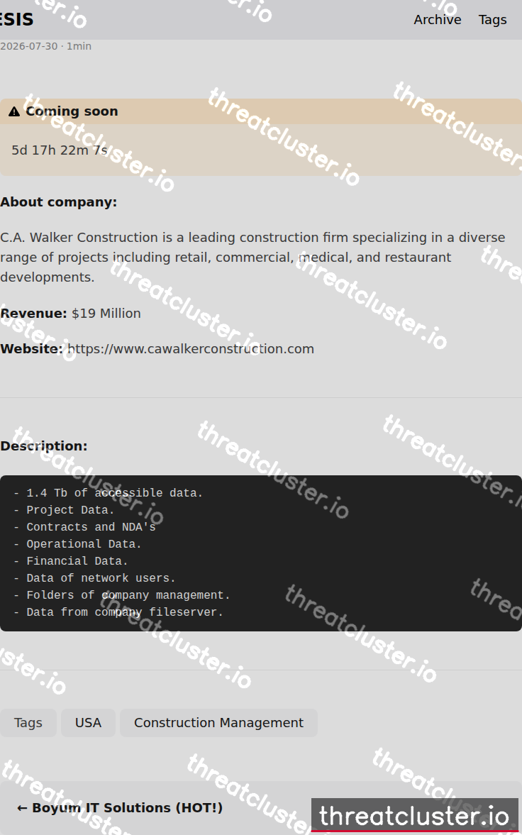 Leak-site post naming C.A. Walker Construction, captured by ThreatCluster