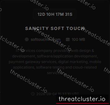 Leak-site post naming Sancity Soft Touch, captured by ThreatCluster