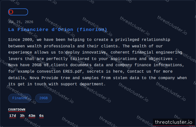 Leak-site post naming La Financière d'Orion (finorion), captured by ThreatCluster