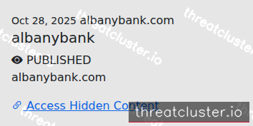Leak-site post naming albanybank.com, captured by ThreatCluster