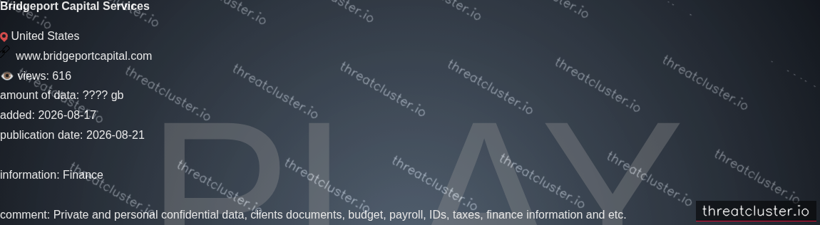 Leak-site post naming Bridgeport Capital Services, captured by ThreatCluster