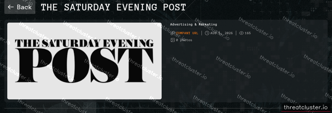 Leak-site post naming The Saturday Evening Post, captured by ThreatCluster