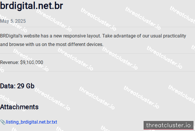 Leak-site post naming brdigital.net.br, captured by ThreatCluster