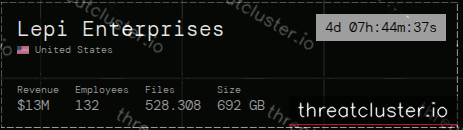 Leak-site post naming Lepi Enterprises, captured by ThreatCluster