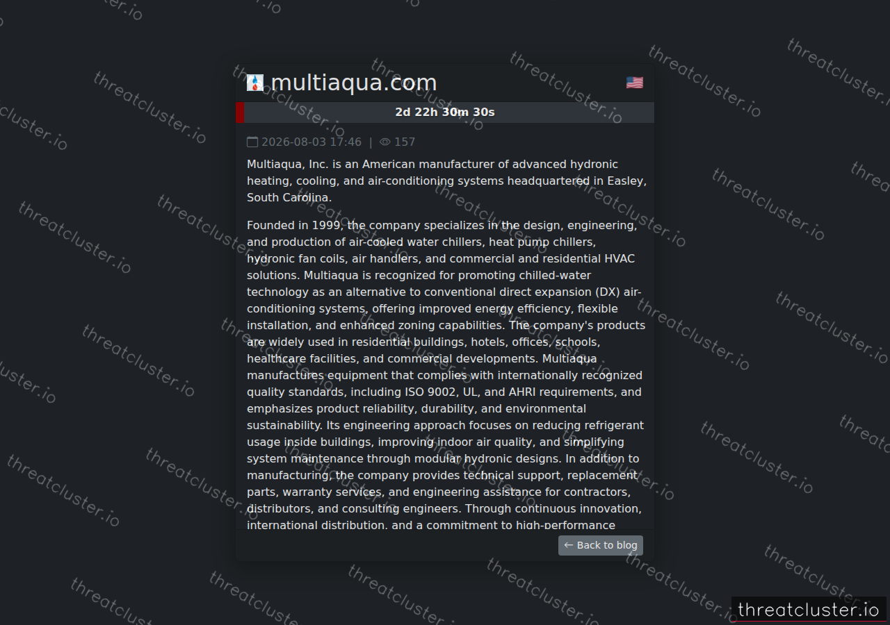 Leak-site post naming multiaqua.com, captured by ThreatCluster