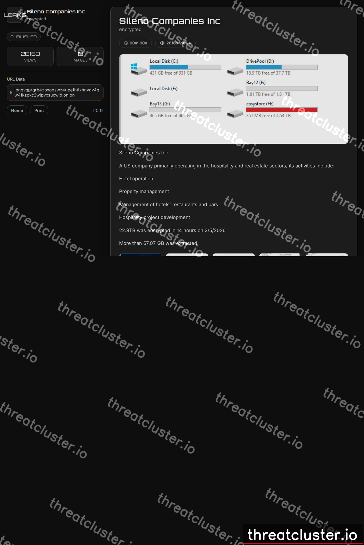 Leak-site post naming Sileno Companies Inc, captured by ThreatCluster
