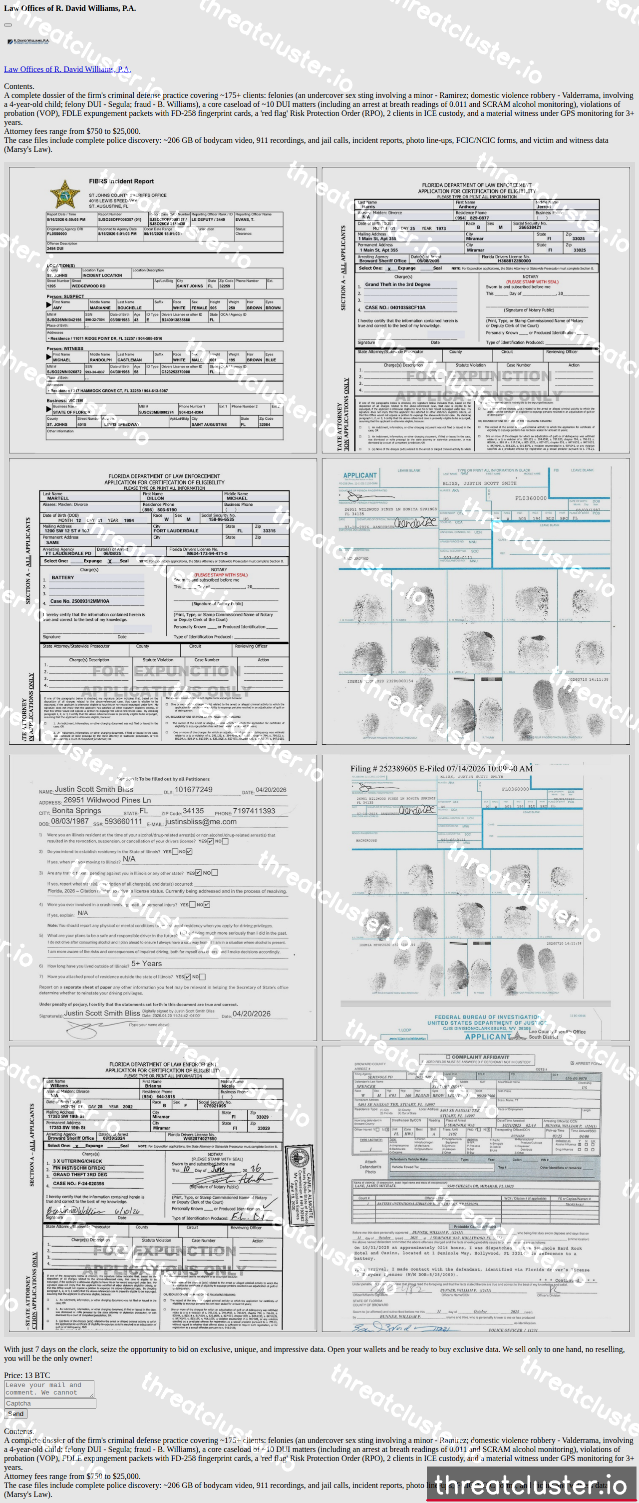 Leak-site post naming Law Offices of R. David Williams, P.A., captured by ThreatCluster