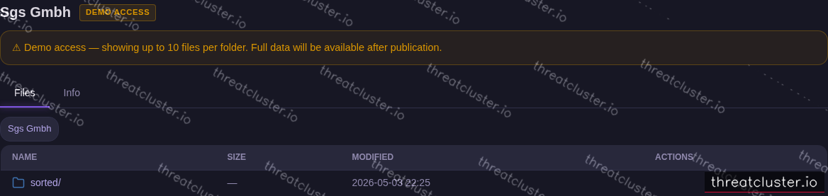 Leak-site post naming Sgs Gmbh, captured by ThreatCluster