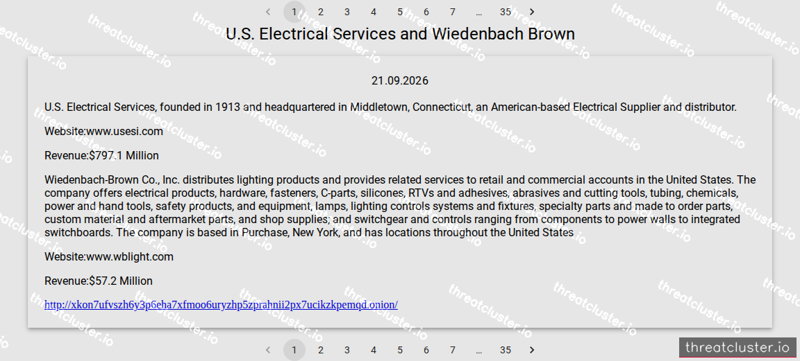 Leak-site post naming U.S. Electrical Services and Wiedenbach Brown, captured by ThreatCluster