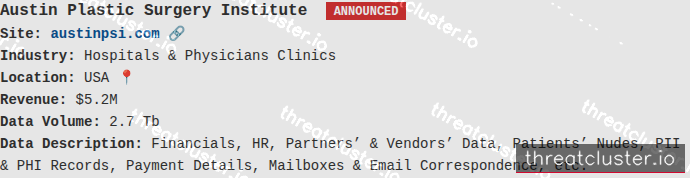 Leak-site post naming Austin Plastic Surgery Institute, captured by ThreatCluster
