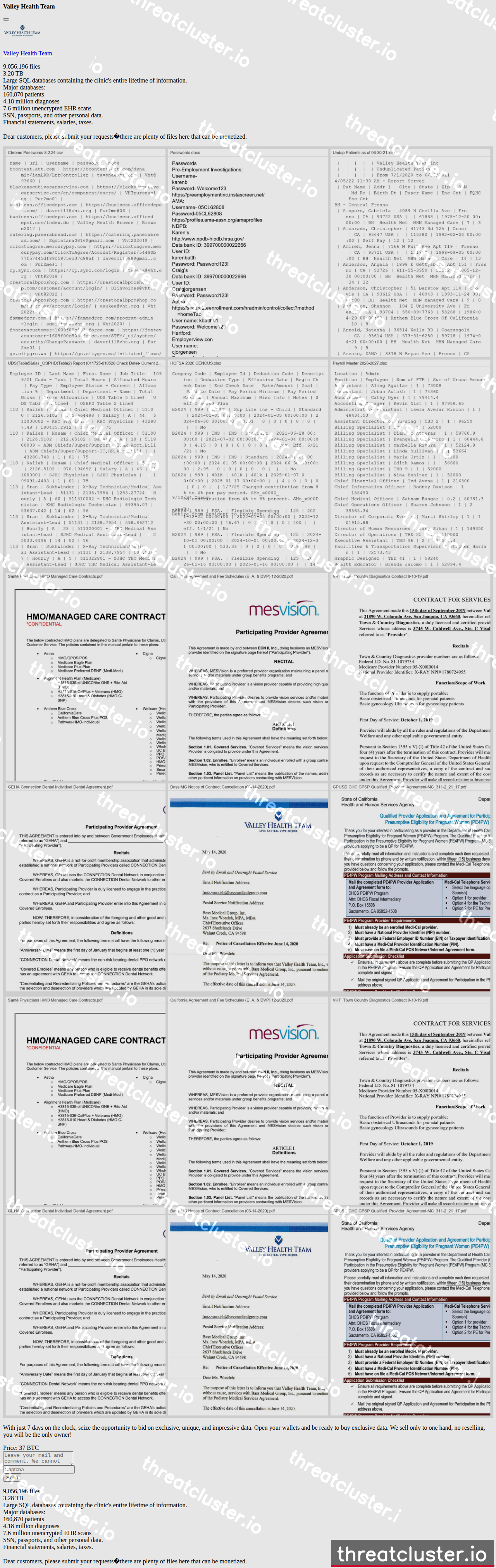 Leak-site post naming Valley Health Team, captured by ThreatCluster