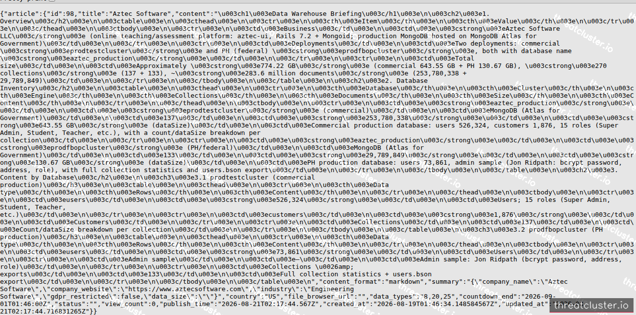 Leak-site post naming Aztec Software, captured by ThreatCluster