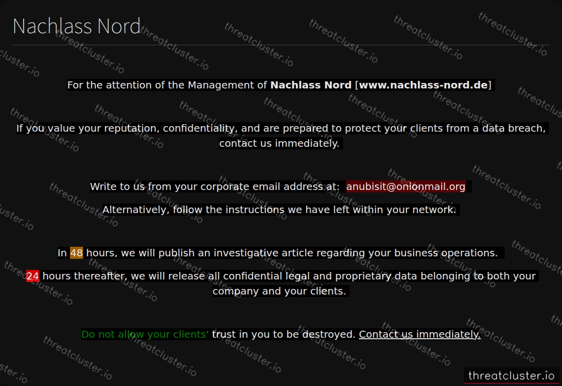 Leak-site post naming Nachlass Nord, captured by ThreatCluster