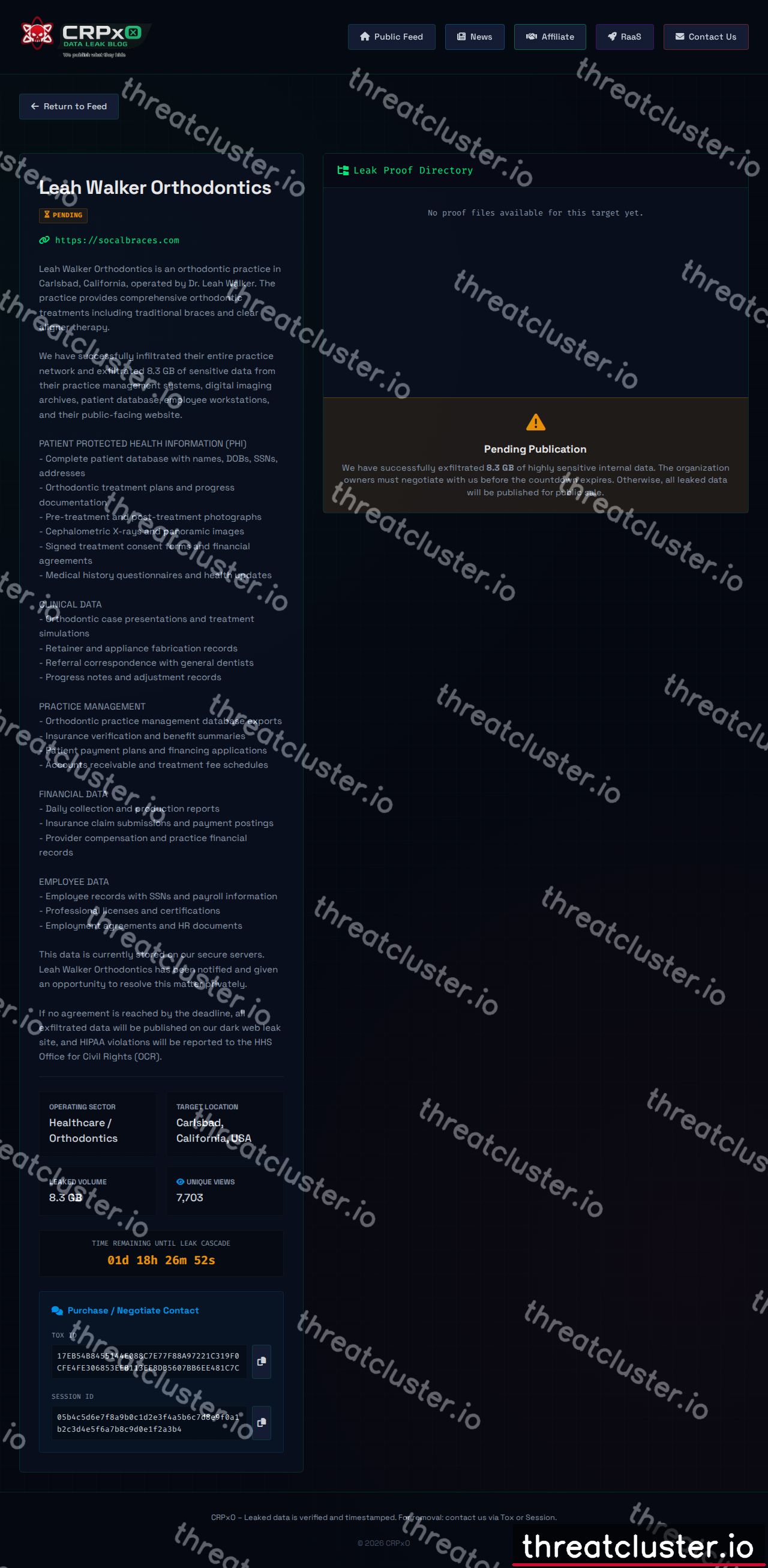 Leak-site post naming Leah Walker Orthodontics, captured by ThreatCluster