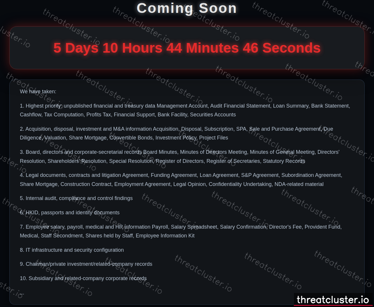Leak-site post naming ITC Properties Group Limited, captured by ThreatCluster