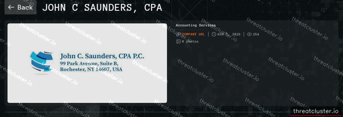 Leak-site post naming John C Saunders, CPA, captured by ThreatCluster