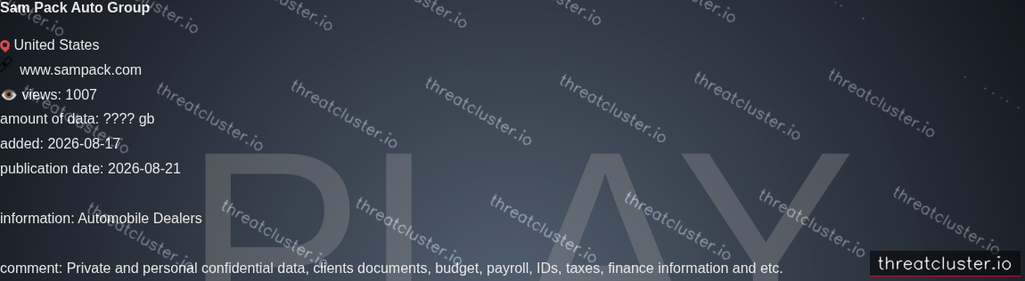 Leak-site post naming Sam Pack Auto Group, captured by ThreatCluster