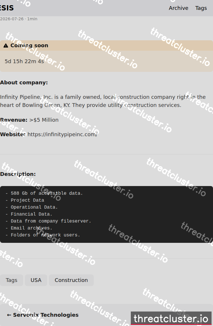 Leak-site post naming Infinity Pipeline,Inc., captured by ThreatCluster