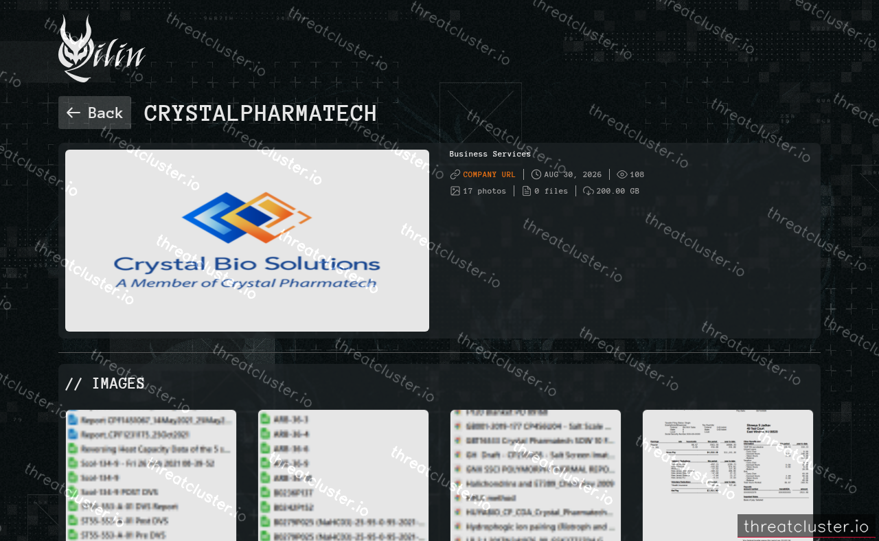 Leak-site post naming Crystalpharmatech, captured by ThreatCluster