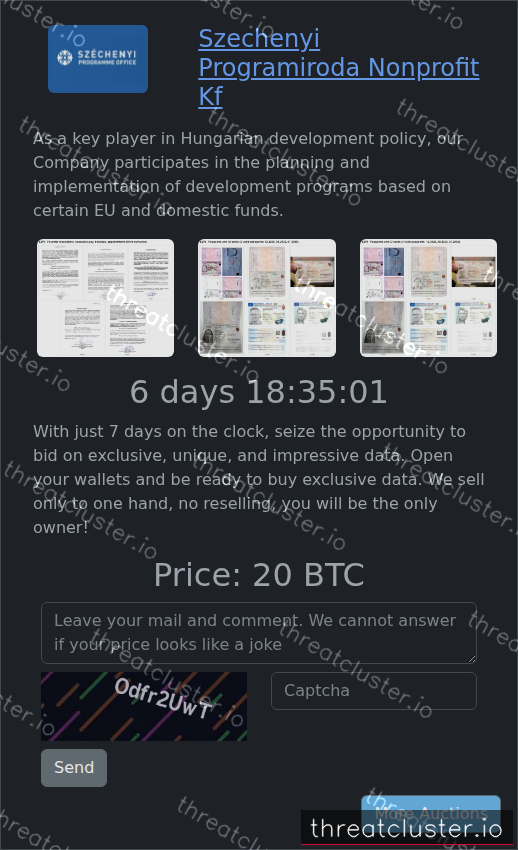 Leak-site post naming Szechenyi Programiroda Nonprofit Kf, captured by ThreatCluster