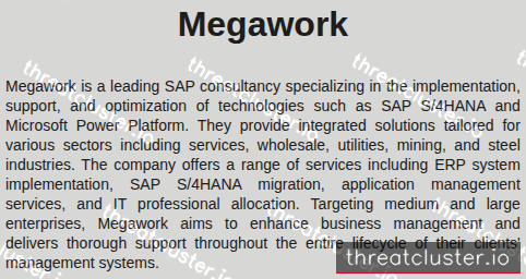 Leak-site post naming Megawork, captured by ThreatCluster