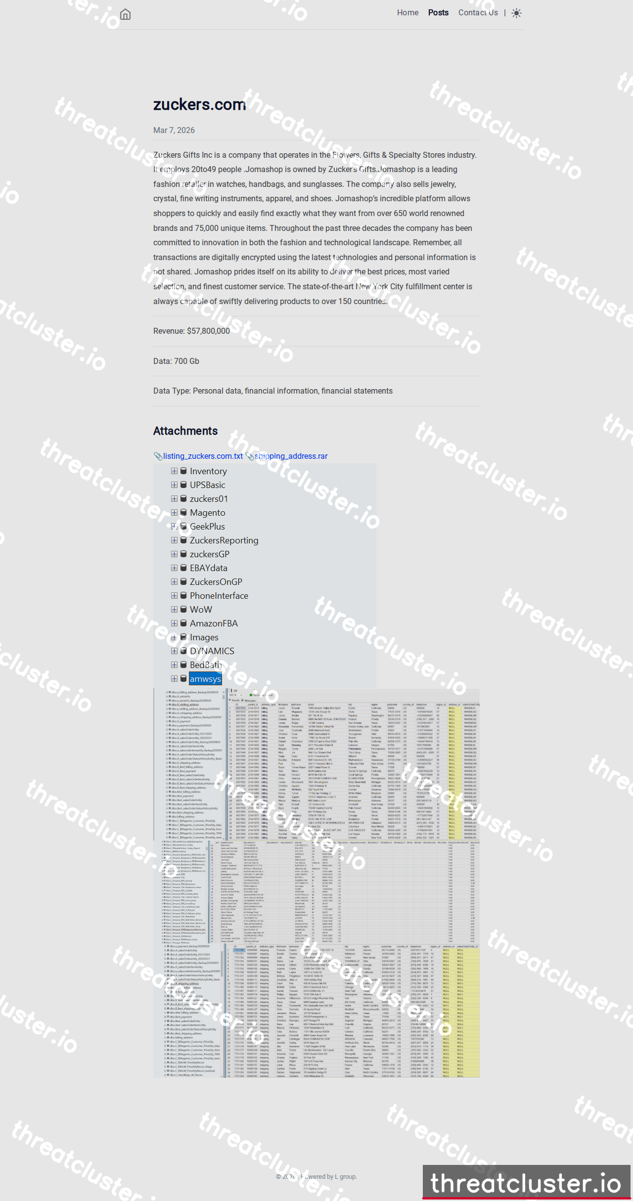 Leak-site post naming zuckers.com, captured by ThreatCluster
