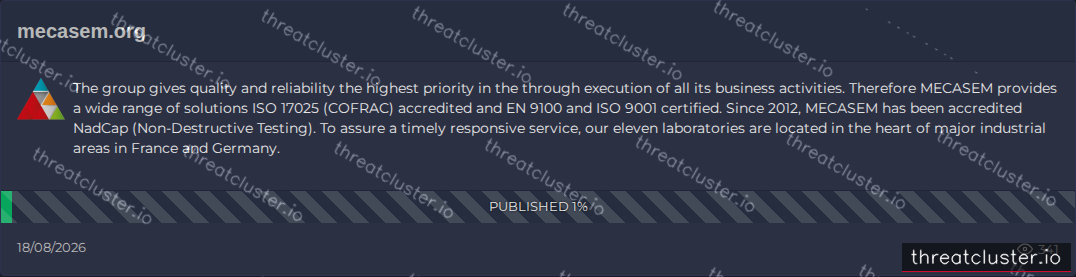 Leak-site post naming mecasem.org, captured by ThreatCluster