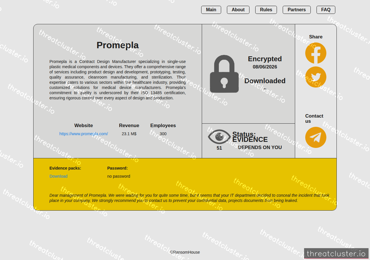 Leak-site post naming Promepla, captured by ThreatCluster