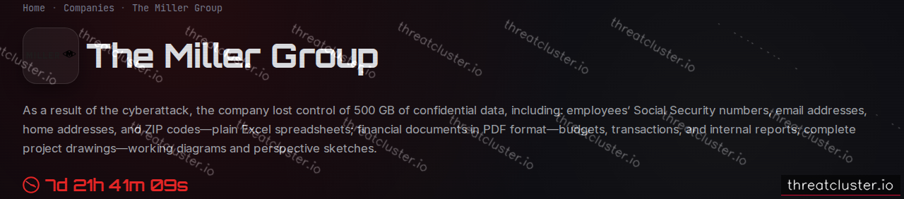 Leak-site post naming The Miller Group, captured by ThreatCluster