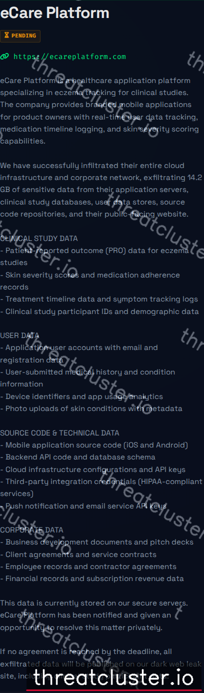 Leak-site post naming eCare Platform, captured by ThreatCluster