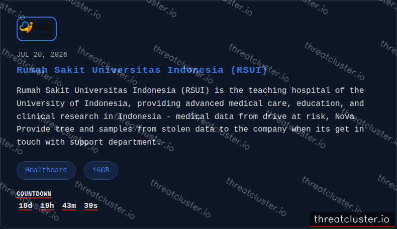 Leak-site post naming Rumah Sakit Universitas Indonesia (RSUI), captured by ThreatCluster