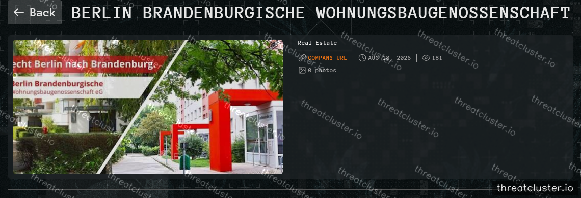 Leak-site post naming Berlin Brandenburgische Wohnungsbaugenossenschaft, captured by ThreatCluster