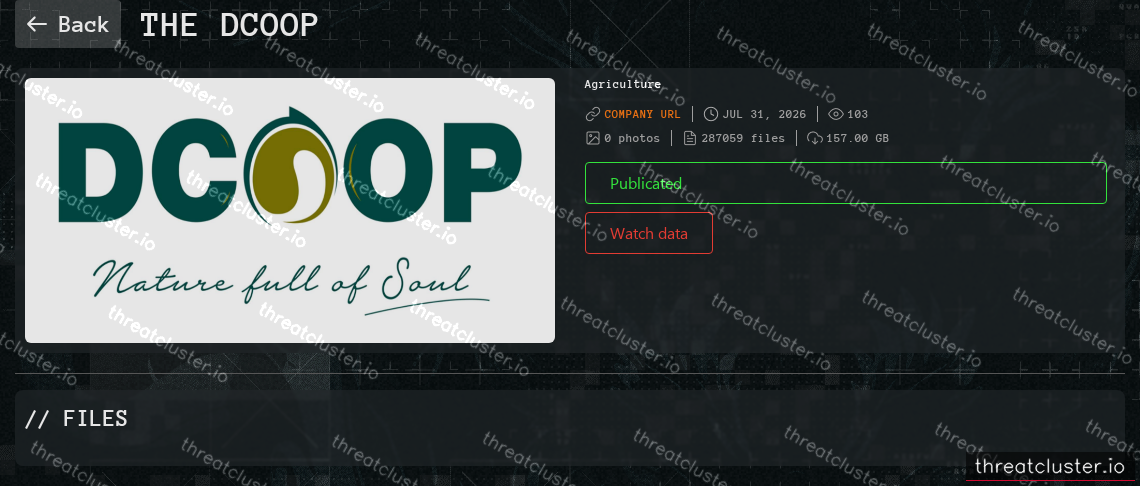 Leak-site post naming The Dcoop, captured by ThreatCluster