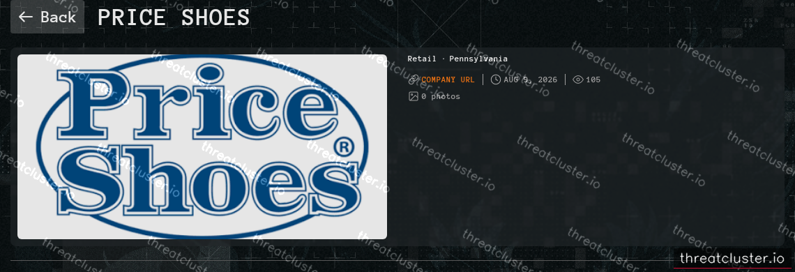 Leak-site post naming Price Shoes, captured by ThreatCluster