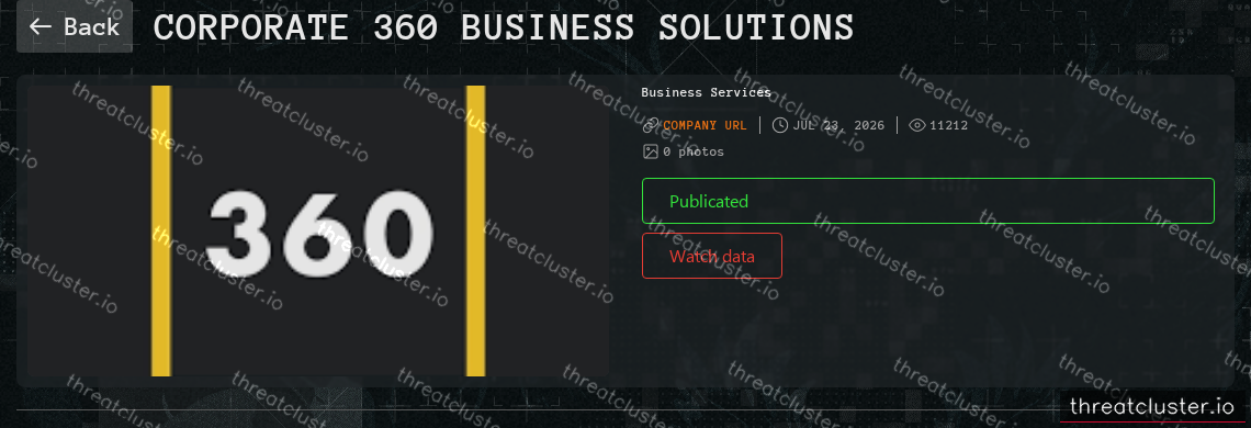Leak-site post naming Corporate 360 Business Solutions, captured by ThreatCluster