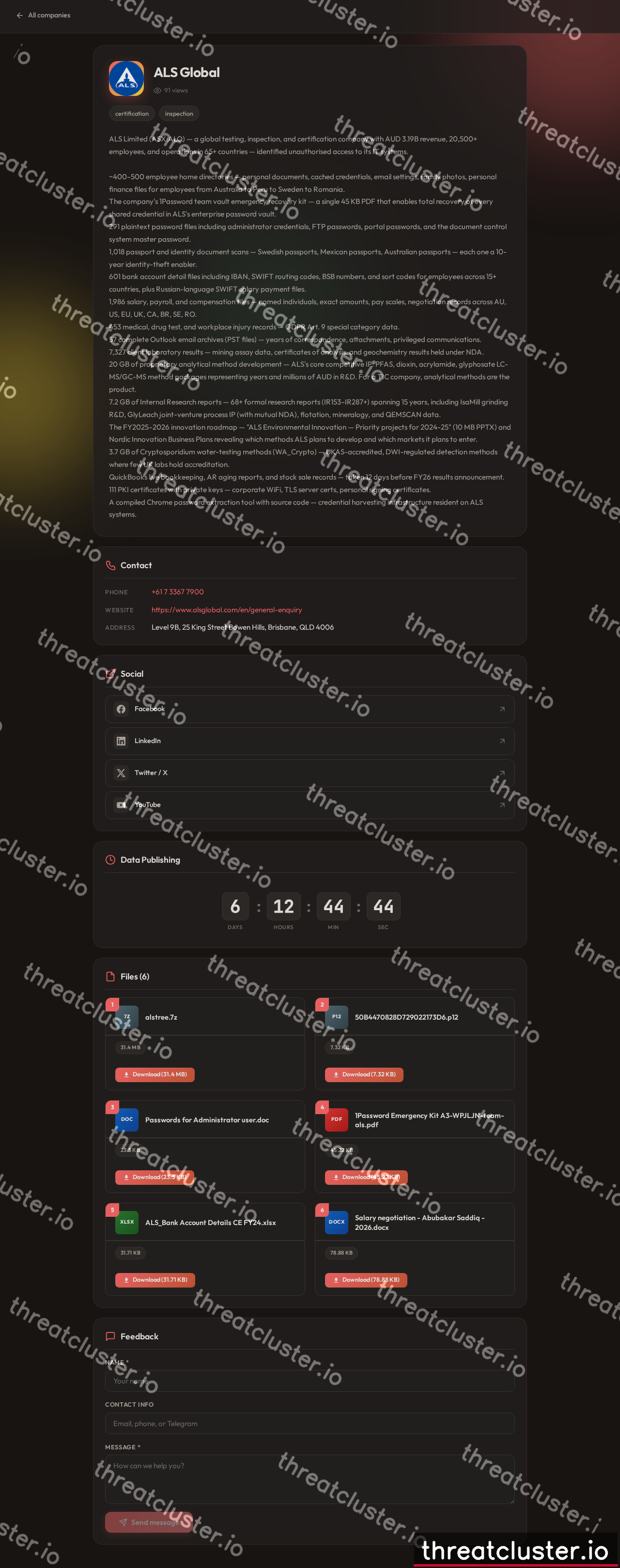 Leak-site post naming ALS Global, captured by ThreatCluster