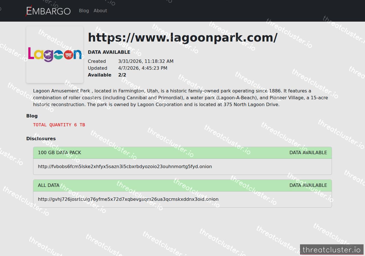 Leak-site post naming https://www.lagoonpark.com/, captured by ThreatCluster